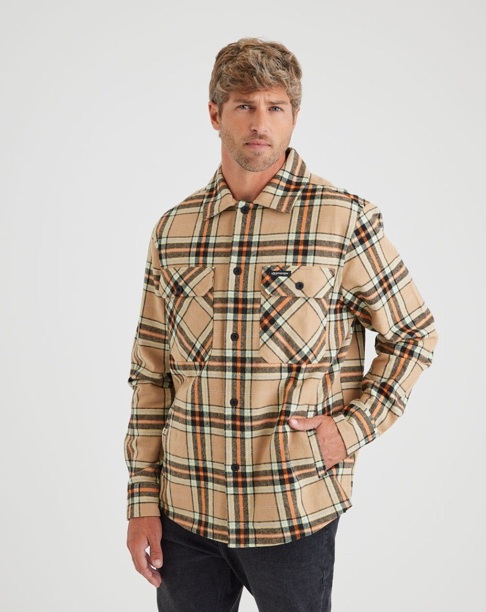 Jaqueta Overshirt Flanela Trucker Xadrez - Caqui