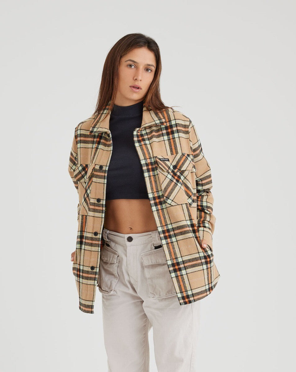 Jaqueta Overshirt Flanela Trucker Xadrez - Caqui